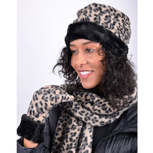 Load image into Gallery viewer, Nollia Women’s Fleece Leopard Print with Fur Trim Winter Hat, Scarf &amp; Gloves Set
