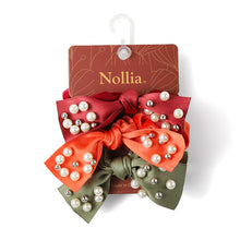 Load image into Gallery viewer, Nollia 3-Pack Velvet Scrunchie Set with Pearl Ribbon – Rich Tones Hair Accessories
