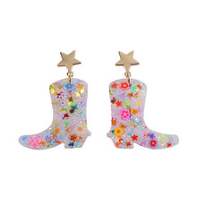 Load image into Gallery viewer, Nollia Confetti Glitter Cowboy Boots Earrings – Floral &amp; Swirl Statement Western Style
