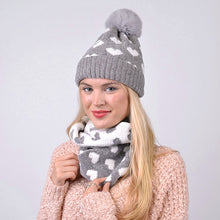 Load image into Gallery viewer, Nollia Women’s 2-Piece Reversible Hearts Knit Pom Hat &amp; Infinity Scarf Set
