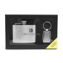 Load image into Gallery viewer, Umo Lorenzo 12pc Prepack Boxed Silver Tone Flask &amp; Keychain Gift Set – 4oz Stainless Steel
