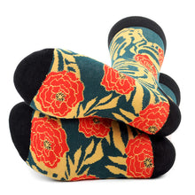 Load image into Gallery viewer, Parquet Men’s Floral Design Novelty Crew Socks – Teal, Gold &amp; Red
