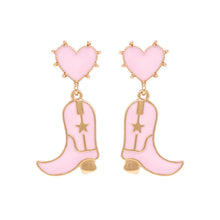Load image into Gallery viewer, Nollia Cowboy Boot Earrings – Pink or White with Gold Accents, Western Heart Dangle Style

