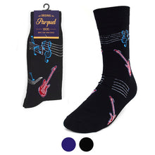 Load image into Gallery viewer, Parquet Men’s Guitar &amp; Music Notes Novelty Crew Socks – Black or Navy
