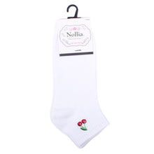 Load image into Gallery viewer, Nollia Ladies' Low Cut Cherry Embroidery Ribbed Socks – Black or White
