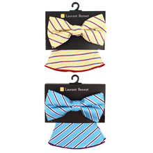Load image into Gallery viewer, Laurant Bennet Striped Banded Bow Tie &amp; Matching Hanky Pocket Round Set
