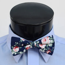 Load image into Gallery viewer, Navy Floral Cotton Banded Bow Tie – Handmade &amp; Boxed
