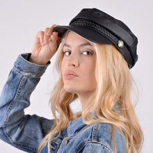 Load image into Gallery viewer, Nollia Women’s Black Leather Baker Cap – PU Leather Greek Fisherman Hat
