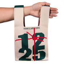 Load image into Gallery viewer, Holiday-themed small knit tote with festive ribbon
