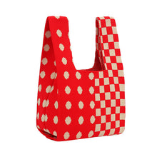 Load image into Gallery viewer, Holiday knit mini tote bag with red and cream festive design
