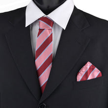 Load image into Gallery viewer, Umo Lorenzo Burgundy Big Striped &amp; Solid Tie with Matching Hanky Gift Box Set – 4pc Formal Polyester Accessory Set
