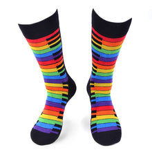 Load image into Gallery viewer, Parquet Men’s Rainbow Piano Keys Novelty Crew Socks – Black
