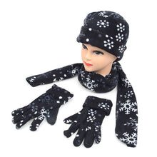 Load image into Gallery viewer, Nollia Women’s Black Fleece Snowflake Winter Hat, Scarf &amp; Gloves Set
