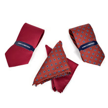 Load image into Gallery viewer, Umo Lorenzo Burgundy Dotted &amp; Solid Tie with Matching Hanky Gift Box Set – 4pc Men’s Formal Accessory Set
