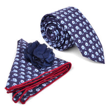 Load image into Gallery viewer, Feraricci Men’s Petite Flowers Cotton Skinny Tie Gift Set – Includes Matching Hanky &amp; Lapel Flower (Red or Navy)
