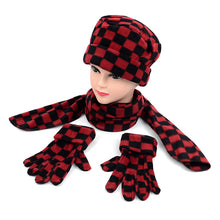 Load image into Gallery viewer, Nollia Women’s Fleece Red &amp; Black Checkered Winter Hat, Scarf &amp; Gloves Set
