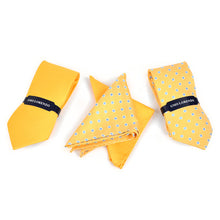 Load image into Gallery viewer, Umo Lorenzo Dotted &amp; Solid Yellow Tie with Matching Hanky Gift Box Set – 4pc Polyester Formalwear Set
