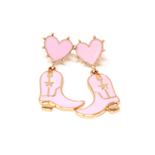 Load image into Gallery viewer, Nollia Cowboy Boot Earrings – Pink or White with Gold Accents, Western Heart Dangle Style
