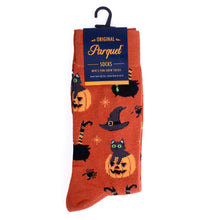 Load image into Gallery viewer, Parquet Men’s Halloween Theme Novelty Socks – Pumpkins, Black Cats &amp; Witches
