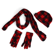 Load image into Gallery viewer, Nollia Kid’s Red Plaid Fleece Winter Hat, Scarf &amp; Gloves Set (Ages 6–12)
