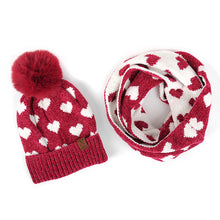 Load image into Gallery viewer, Nollia Women’s 2-Piece Reversible Hearts Knit Pom Hat &amp; Infinity Scarf Set
