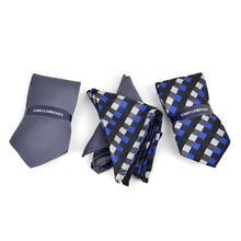 Load image into Gallery viewer, Umo Lorenzo Charcoal/Blue Geometric &amp; Solid Tie with Matching Hanky Gift Box Set – 4pc Men’s Formal Accessory Set
