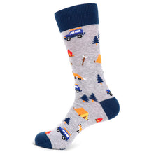 Load image into Gallery viewer, Parquet Men’s Camping Pattern Novelty Crew Socks – Gray or Green
