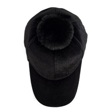 Load image into Gallery viewer, Black Velour Baseball Cap with Faux Fur Pom Pom – Adjustable | 3 Pom Colors
