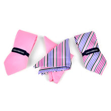 Load image into Gallery viewer, Umo Lorenzo Pink Striped &amp; Solid Tie with Matching Hanky Gift Box Set – 4pc Men’s Formal Accessory Set
