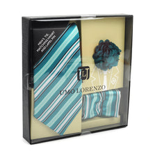 Load image into Gallery viewer, Umo Lorenzo 12-Piece Stripped Tie, Hanky &amp; Lapel Pin Box Set
