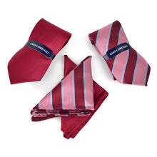 Load image into Gallery viewer, Umo Lorenzo Burgundy Big Striped &amp; Solid Tie with Matching Hanky Gift Box Set – 4pc Formal Polyester Accessory Set

