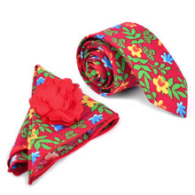 Load image into Gallery viewer, Feraricci Men’s Bright Floral Cotton Skinny Tie Gift Set – Includes Pocket Square &amp; Lapel Flower (Red, Navy, or Black)
