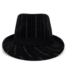 Load image into Gallery viewer, Westend Fall/Winter Black Wool-Type Trilby Fedora Hat with Burgundy &amp; Gray Stripes
