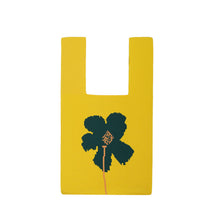 Load image into Gallery viewer, Yellow mini knit tote with bold green flower illustration
