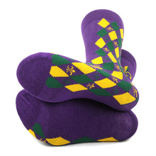 Load image into Gallery viewer, Parquet Men’s Mardi Gras Novelty Crew Socks – Purple with Green &amp; Yellow Design
