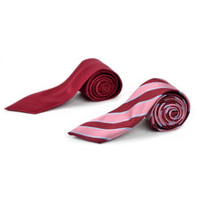 Load image into Gallery viewer, Umo Lorenzo Burgundy Big Striped &amp; Solid Tie with Matching Hanky Gift Box Set – 4pc Formal Polyester Accessory Set
