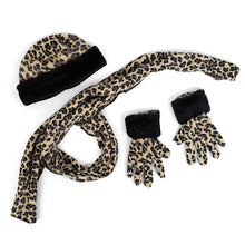 Load image into Gallery viewer, Nollia Women’s Fleece Leopard Print with Fur Trim Winter Hat, Scarf &amp; Gloves Set
