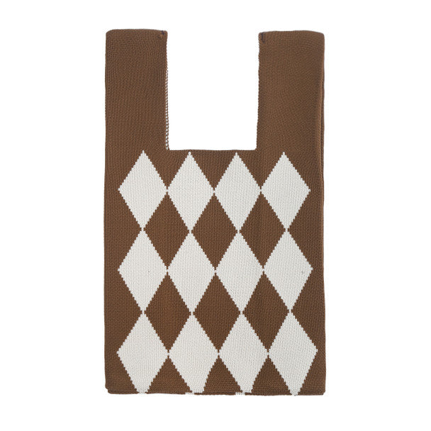 Mini Knit Tote Bag in brown with classic argyle pattern