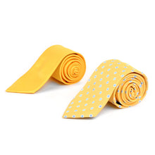 Load image into Gallery viewer, Umo Lorenzo Dotted &amp; Solid Yellow Tie with Matching Hanky Gift Box Set – 4pc Polyester Formalwear Set
