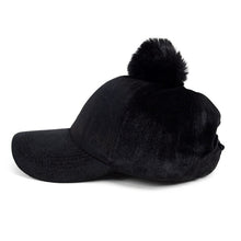 Load image into Gallery viewer, Black Velour Baseball Cap with Faux Fur Pom Pom – Adjustable | 3 Pom Colors
