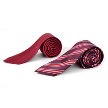 Load image into Gallery viewer, Umo Lorenzo Burgundy Striped &amp; Solid Tie with Matching Hanky Gift Box Set – 4pc Men’s Formal Accessory Set

