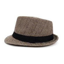 Load image into Gallery viewer, Westend Fall/Winter Brown &amp; Beige Herringbone Trilby Fedora Hat with Black Band Trim
