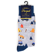 Load image into Gallery viewer, Parquet Men’s Camping Pattern Novelty Crew Socks – Gray or Green
