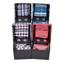 Load image into Gallery viewer, Clericci 12pc Plaid Poly Woven Tie, Hanky &amp; Cufflink Gift Set – Assorted Prepack in Matching Fabric Boxes
