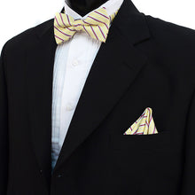 Load image into Gallery viewer, Laurant Bennet Striped Banded Bow Tie &amp; Matching Hanky Pocket Round Set
