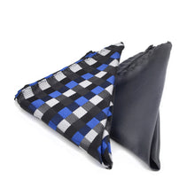 Load image into Gallery viewer, Umo Lorenzo Charcoal/Blue Geometric &amp; Solid Tie with Matching Hanky Gift Box Set – 4pc Men’s Formal Accessory Set
