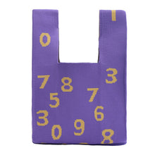 Load image into Gallery viewer, Nollia Mini Knit Tote Bag in purple with scattered yellow numbers
