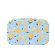 Load image into Gallery viewer, Nollia Medium Lemon Print Makeup Train Case – Blue Cosmetic Organizer with Mirror &amp; Handle for Travel or Home

