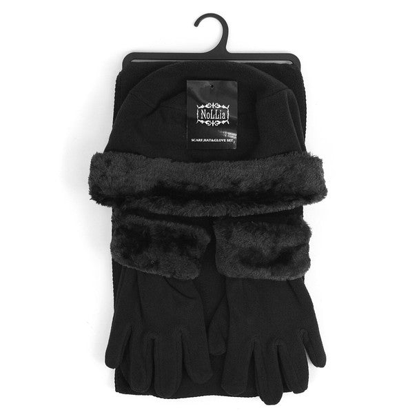 Nollia Kid’s Fleece Winter Hat, Scarf & Gloves Set with Faux Fur Trim – 6 to 12 Years