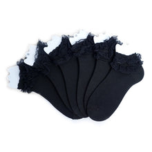 Load image into Gallery viewer, 12-Pack Solid Color Frilly Lace Ankle Socks for Women – Black or White
